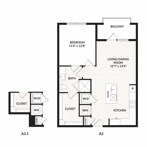 Floor plan for 1 bed, 1 bath, 677 sqft